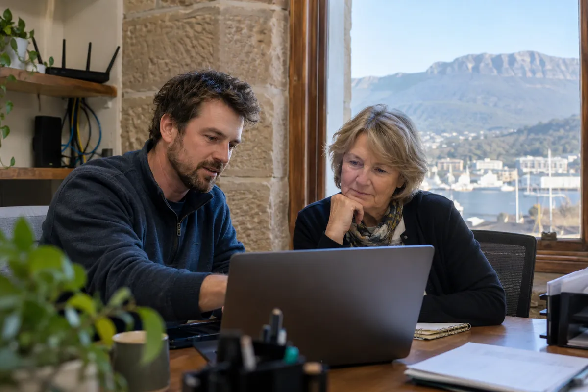 IT contractor and office manager in a Hobart small business reviewing email settings together on a laptop
